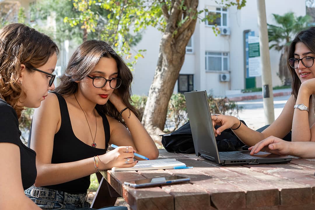 A group of female college students studying outdoors in campus.